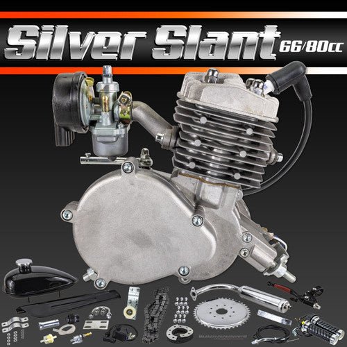 Silver Slant Complete 66cc/80cc Bicycle Engine Kit - 2 Stroke Motorized Bike Engine Kit - Motiora